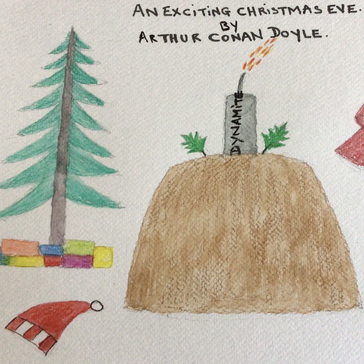 a drawing of a christmas pudding with a stick of dynamite as a candle